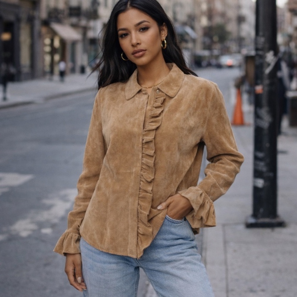 Margaret Godfrey Classic Tan Suede Streetwear Ruffle Front Shirt Jacket Size 14